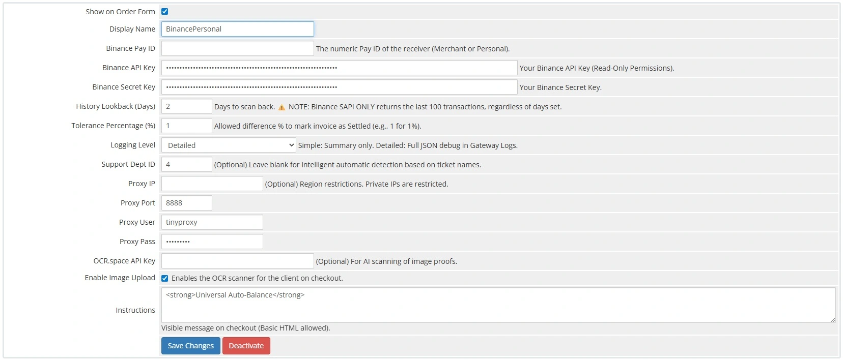 WHMCS Admin Invoice View showing automated Binance P2P transaction verification and SAPI logs
